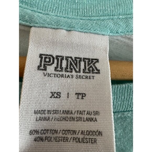 Victorias Secret PINK Long Sleeve Crew Neck Top XS Mint & White Cotton Blend - Picture 3 of 4
